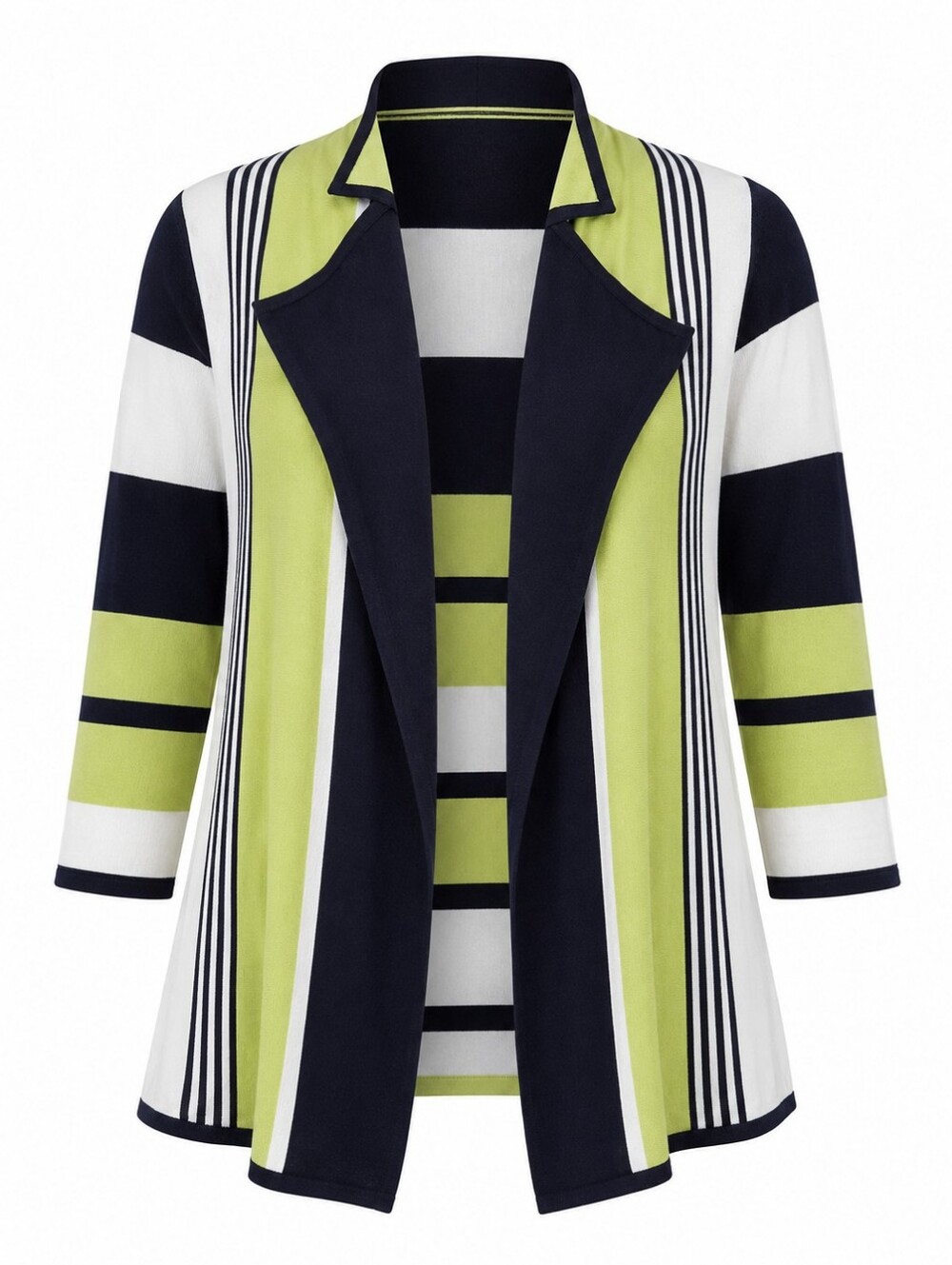 CJ Banks Navy, White & Lime Green Striped Open-Front Cardigan